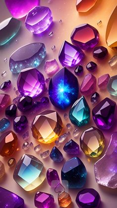 many different colored diamonds on a white surface with water drops around them and the colors are purple, yellow, orange, and pink