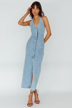 Shop the Renita Halterneck Button Maxi Dress Denim Blue | Selfie Leslie Blue Selfie, Long Denim Dress, Weekend Lunch, Button Maxi Dress, Selfie Leslie, Distressed Denim Skirt, Dress Denim, Blue Maxi, Date Night Dresses