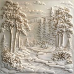 an intricately designed paper art depicting trees in the snow