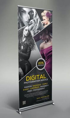 a roll up banner with photoshopped images on the front and back side, in black and white