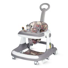 a baby's highchair with wheels and toys on the seat, in front of a white background