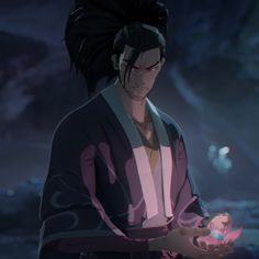 an anime character with black hair holding a pink object in his hand and looking at the camera