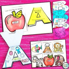 the letter a is for apple and other alphabets with matching pictures on pink background