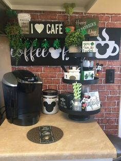 a coffee bar with various items on the counter