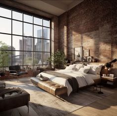 a large bedroom with brick walls and floor to ceiling windows