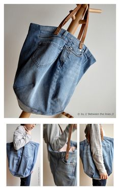 four images show different ways to fold an old pair of jeans into a handbag