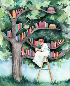 a painting of a woman sitting on a ladder in front of a tree with bookshelves