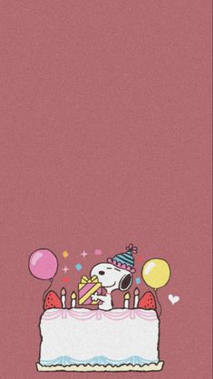 a pink birthday card with a cartoon dog sitting on top of a cake and balloons