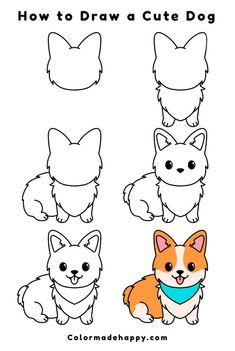 how to draw a cute dog with different shapes and colors for children's drawings