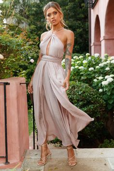 Buy the Athena High Split Maxi Dress Mocha | Selfie Leslie Halter Neck Maxi Dress With Split Design For Party, Spring Backless Maxi Dress With Back Zipper, Backless Maxi Dress With Back Opening For Bridesmaid, Backless Bridesmaid Maxi Dress With Back Opening, Backless Maxi Dress With Split Design For Evening, Summer Halter Neck Maxi Dress With Split Design, Chic Backless Maxi Dress For Bridesmaids, Summer Maxi Dress With Back Zipper For Date Night, Flowy Halter Maxi Dress For Party