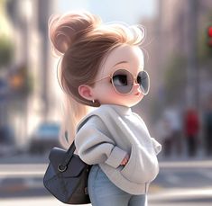 a cartoon character is walking down the street with her hand on her hip and wearing sunglasses