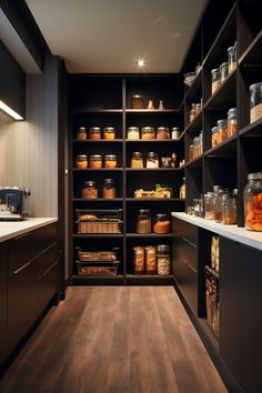 the pantry is stocked with many different types of food