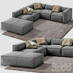 two pictures of a couch and ottoman with pillows on the bottom, one in grey