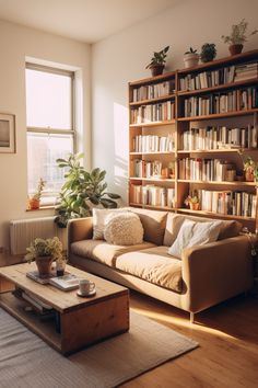 a living room filled with furniture and bookshelves next to a large window on top of a hard wood floor