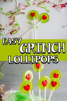 easy crinkle lollipops made with green icing and red hearts