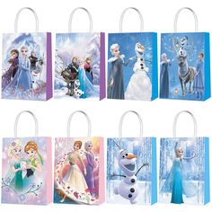 several frozen princess bags are shown in different colors and designs, including snowman, disney characters