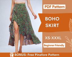 a woman is wearing a skirt with an asymmetrical pattern and the text boho skirt xs - xxl beginner friendly