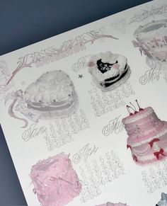 there are many different cakes on this sheet of paper that is decorated with pink and white icing