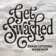 the words get swashed written in black ink on white paper with handwritten lettering