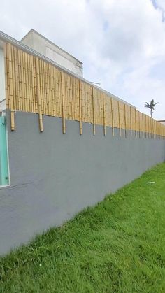 a dog is standing in the grass near a wall with bamboo slats on it