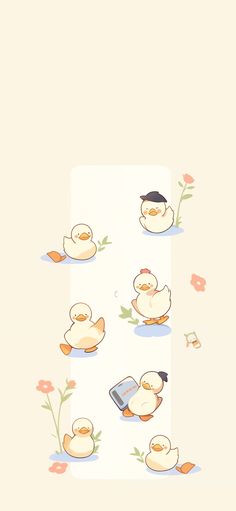 an image of some ducks on the ground with flowers in front of them and one duck sitting