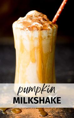 pumpkin milkshake in a tall glass topped with whipped cream and caramel