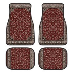 four red carpeted floor mats with floral designs on the front and back, set of three