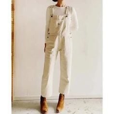 Heg Gang | Pants & Jumpsuits | Hey Gang Womens Overalls Natural Denim Knee Patch | Poshmark Ecru Overalls Outfit, Hey Gang Overalls, Casual Beige Cotton Overalls, Beige Workwear Overalls, Beige Overall Bottoms With Pockets, Knee Patches, Overalls Women, Herringbone, Pant Jumpsuit