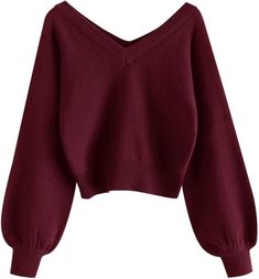 ZAFUL Women's Raglan Long Sleeve Double Side V Neck Short Sweater Casual Solid Cropped Knit Top Pullovers(Red Wine,Small) at Amazon Women’s Clothing store