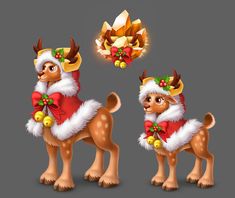 a set of cartoon christmas animals with bells and bows on their heads, standing next to each other