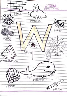 a notebook with writing and drawings on it, including the letter w in different languages