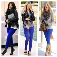 Blue Pants Outfit, Royal Blue Jeans, Royal Blue Leggings, Royal Blue Pants, Blue Jean Outfits, Jacket Outfit, Blue Leggings, Looks Chic, Black Leather Jacket