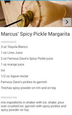 the menu for marc's spicy pickle margarita is shown in this screenshot