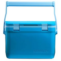 a blue and white cooler with handle on it's side, sitting upright against a white background