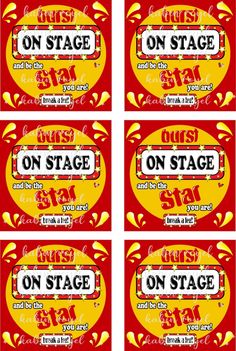 four red and yellow coupons with the words on stage