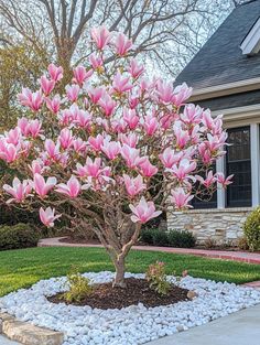 a tree with pink flowers in the middle of a rock bed and graveled area