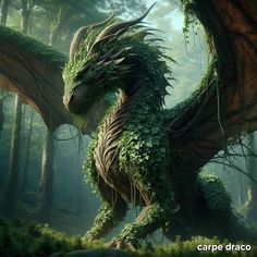 a large green dragon in the middle of a forest with moss growing on it's wings