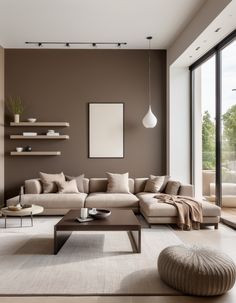 a living room filled with furniture and a large window covered in glass doors that look out onto the outdoors