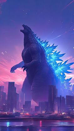 godzilla standing in front of city skyline at night with bright blue and pink lights on its back