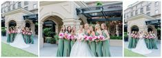 the bride and her bridal party are posing for pictures in front of a building