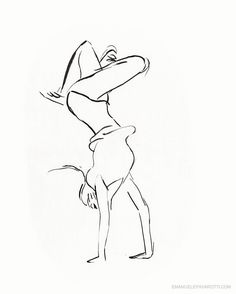 a black and white drawing of a woman bending over with her hands behind her head