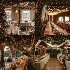 tables and chairs are set up for an event with lights strung from the ceiling, greenery garlands on the walls, and white linen draped tablecloths