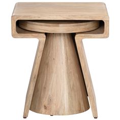 two wooden stools sitting on top of each other in front of a white background