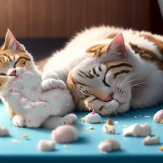 two cats laying next to each other on top of a blue table covered in white and pink sprinkles