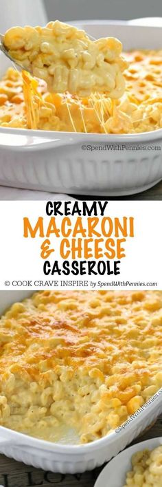 creamy macaroni and cheese casserole in a white dish