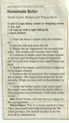 a recipe for homemade butter on a piece of paper