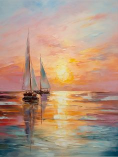 a painting of two sailboats in the ocean at sunset with an orange and pink sky