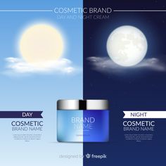 two cosmetic ads with the moon and clouds in the background, one for cosmetics products