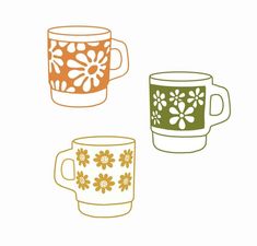 three coffee cups with different designs on them