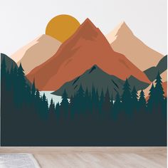 an image of a mountain scene with pine trees and the sun in the background wall mural